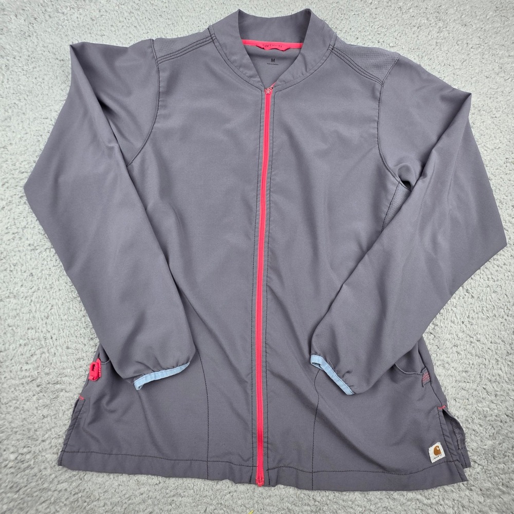 Carhartt Scrub Jacket Women Medium Gray Pink Full Zip C82310 Workwear Utility